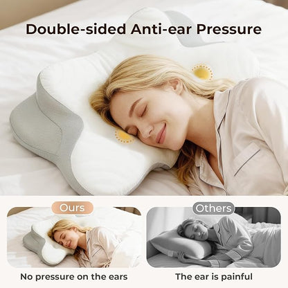 Cervical Pillow for Neck and Shoulder, Ergonomic Memory Foam Pillows for Sleeping, Dual Ear Relief Zone Contour Pillow,Support Pillow for Side Back Stomach Sleepers(White)