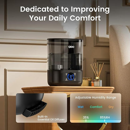 QIDO Top Fill Humidifiers for Bedroom, 5 L Cool Mist 36H Super Long Time, Quiet 28dB Essential Oil Diffuser for Baby & Plants, 3 Adjustable Mist with Touch/APP/7-color Nightlight, Auto Shut-off, Black
