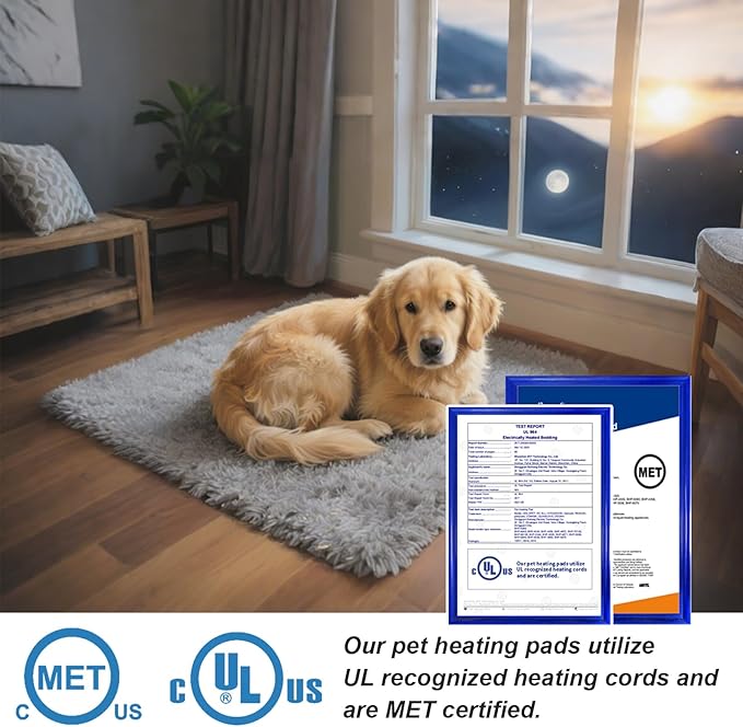Cat Heating Pad 17 x 13 in with Smart Thermostat Switch and Power Line Protection Tube,Obtained MET and UL Dual Certification,Waterproof Pet Heating Pad for Cats, with Long Velvet Cloth Cover
