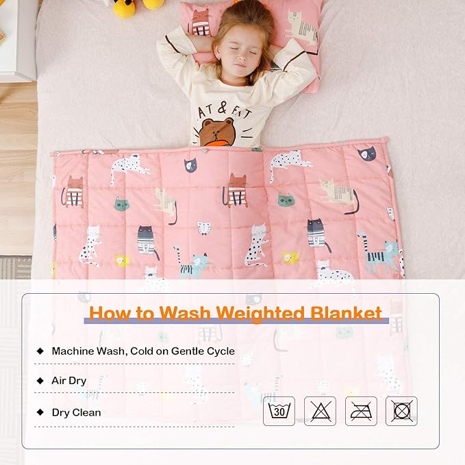 Uttermara Weighted Blanket 7 lbs, Ultra Cozy Minky Fleece and Cotton Sided with Cartoon Patterns, Reversible Heavy Blanket Great for Calming and Sleeping, 36x48 inches, Pink Cat