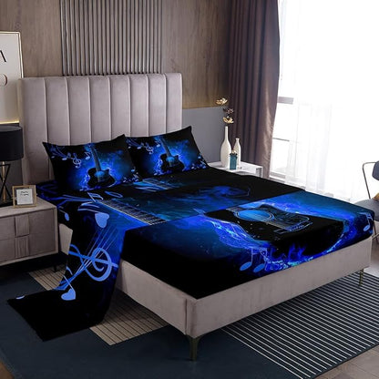 Electric Guitar Fitted Sheet Set Full Size 4 Pcs,Rock Music Theme Guitar Musical Notes Teens Sheets,Neon Blue Glowing Modern Artistic Bedding Sets (1 Fitted,1 Flat,2 Pillowcases)