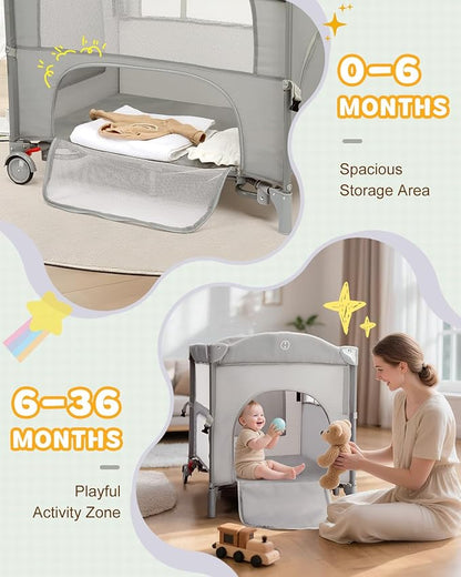 Ktaxon 5 in 1 Baby Bassinets Bedside Sleeper, Pack and Play, Baby Crib with Cradle Mode, Bedside Storage, Detachable Mattress, Fast Folding Design, Travel Bag, Playard from Newborn to Toddler