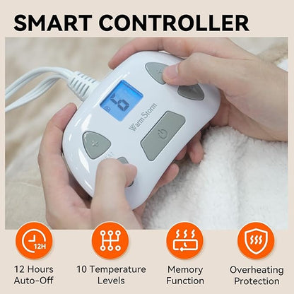 Warm Storm Electric Blanket King Size Heated Blanket Anti-Static Flannel & Sherpa 10 Heating Levels 12 Hours Auto Off Machine Washable Beige 90"x 100"