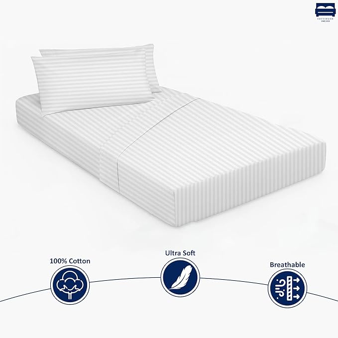 White Stripe 4-Piece Cot Bed Linen Set - 1 Fitted Sheet 33" x 75", 1 Flat Sheet 64"x 94", 2 Pillow Cases 20"x 30" Perfect for Folding Guest & Rollaway Beds