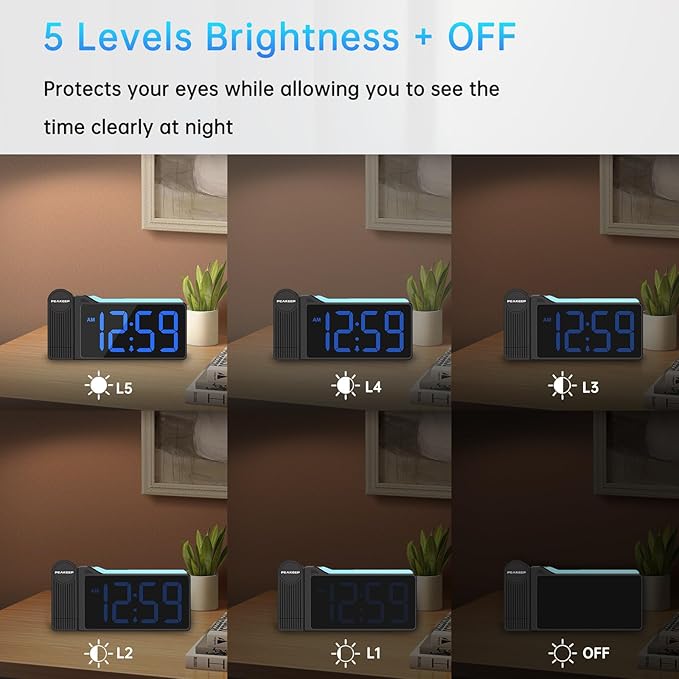Peakeep Projection Alarm Clock for Bedroom Ceiling 180° Rotatable, Loud for Heavy Sleepers, Colorful Nightlight, 5 Brightness Dimmable Large Number Bedside Electric LED Digital Clock with USB Port