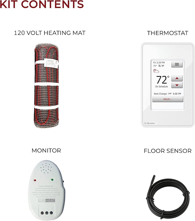 LuxHeat 35sqft Floor Heating Mat Kit - 120v In Floor Heating System for Tile & Laminate - Electric Radiant Heated Flooring System - Includes UWG4 WiFi Programmable Thermostat w/GFCI, Alarm & Sensor