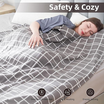 Electric Heated Blanket Queen Size 84"x90", Dual Controllers & Heating Zones, Soft Fleece for Bed, 10 Hs Auto Off & 4 Heating Levels, Machine Washable, Gifts for Family-Plaid Pattern, Light Gray