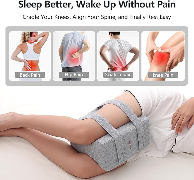 HATHOR Leg Knee Pillow for Side Sleepers with Straps, Sciatica, Sacroiliac, Hip, Back, Thigh Joints Pain Relief Pillow for Sleeping, Smooth Spine Alignment Pillow, Light Grey