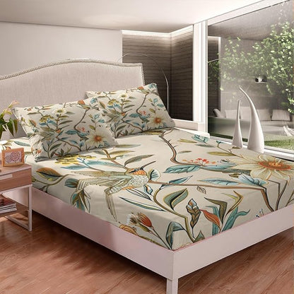 Blue Hummingbird Sheet Queen,Love Heart Shaped Flower Bed Sheet Set 4pcs with Deep Pocket Fitted Sheet + Flat Sheet + 2 Pillowcases Floral Animals Theme Soft Bedding Set for Kids Teenss Room Decor