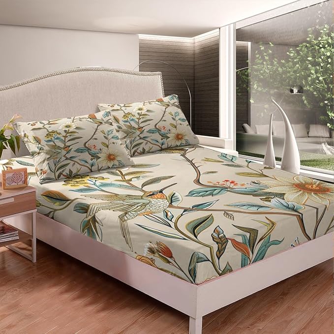 Blue Hummingbird Sheet Set Twin,Love Heart Shaped Flower Bed Sheet Set 3pcs with Deep Pocket Fitted Sheet + Flat Sheet + 1 Pillowcase Floral Animals Theme Soft Bedding Set for Kids Teenss Room Decor