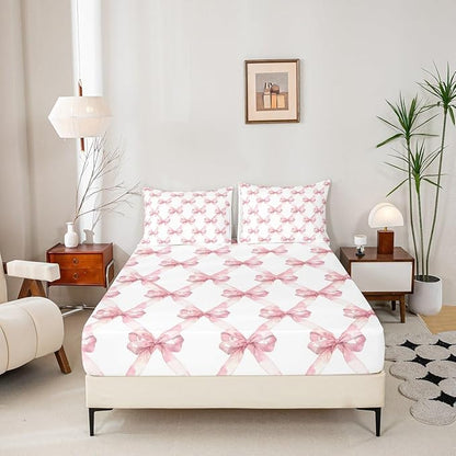 Pink Bowknot Fitted Sheet & Pillow Case Twin Size Dreamy Princess Style Kids Girls Bed Set for Kids Watercolor Bow Geometric Grids White Bedding Set (1 Fitted Sheet+1 Pillow Case)