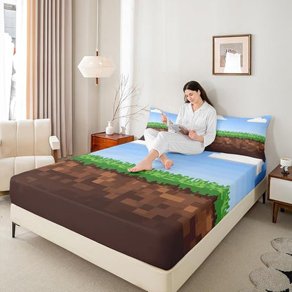 Pixel Game Kids Twin Size Fitted Sheet,Video Games Clouds Blue Sky Boys Girls Bed Sheets,Geometric Lattice Gamepad Room Decor,Blue Brown Bedding Set,1 Pillowcase(No Flat)