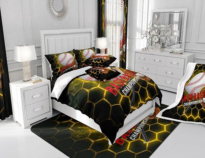 Manfei Baseball Sheet Set King Size, Abstract Geometric Gold Honeycomb Bedding Set for Kids Boys Room Decor, Sports Theme Bed Sheet Set 4pcs with Deep Pocket Fitted Sheet + Flat Sheet + 2 Pillowcases