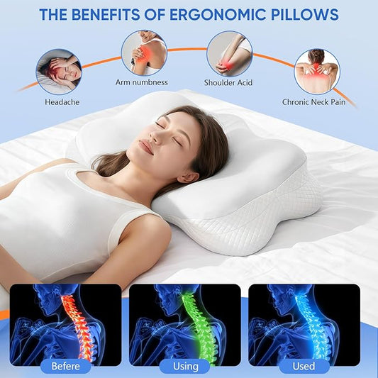Cervical Pillow for Neck Pain Relief, Adjustable Ergonomic Contour with Orthopedic Memory Foam, Full Support for All Sleeping Positions (Side Back Stomach), Odorless (Gray-White)