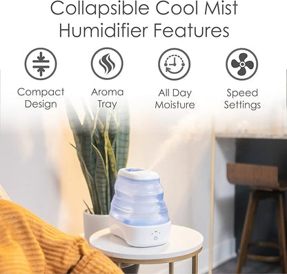 Crane Collapsible Cool Mist Humidifier for Bedroom and Office, 1 Gallon Portable Humidifier for Travel and Easy Storage, Blue and White