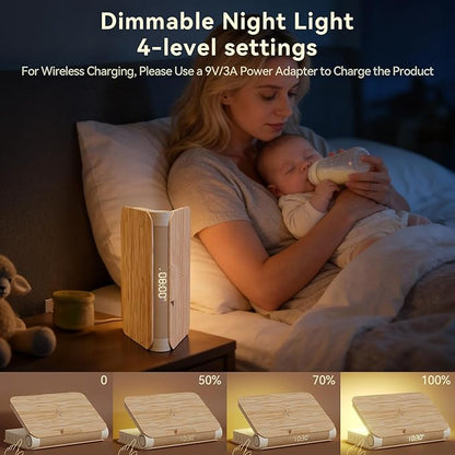 Vivilumens Alarm Clocks Wireless Charger Bluetooth Speaker Loud Sunrise Bedside Lamp for Heavy Sleepers Adults with Book Shape Wake Up Light for Bedroom Home Decor （Wooden Grain）