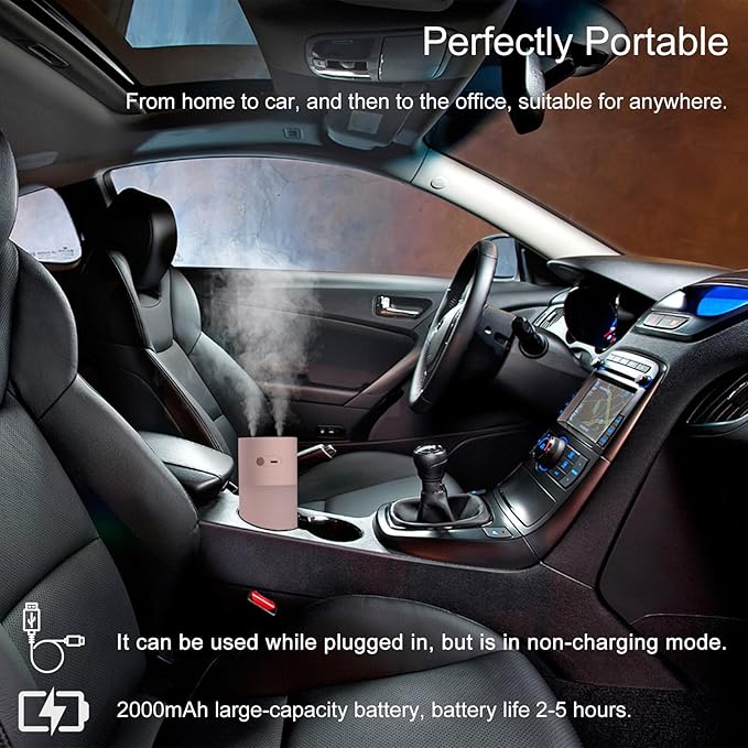 HODEMI Portable Small Humidifier - Cold Mist Humidifiers with Water Shortage Protection, Warm Night Light, Recharge Dual Nozzle Mini Humidifier for Bedroom, Plants, Office, and Car (Pink)