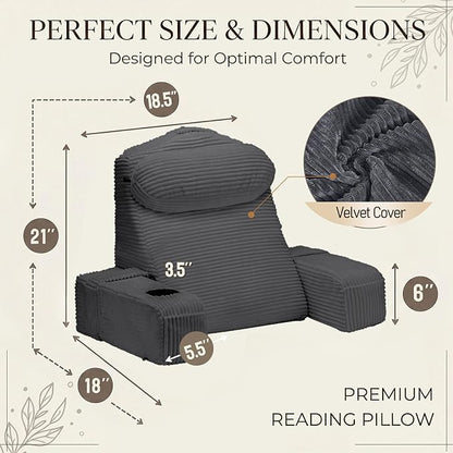 AS AWESLING Reading Pillow for Adults, Back Pillow for Bed Sitting Up, Backrest Pillow for Sitting in Bed, Detachable Arms with Built-in Cup & Phone Caddy (Dark Gray-Corduroy, 21 INCH)