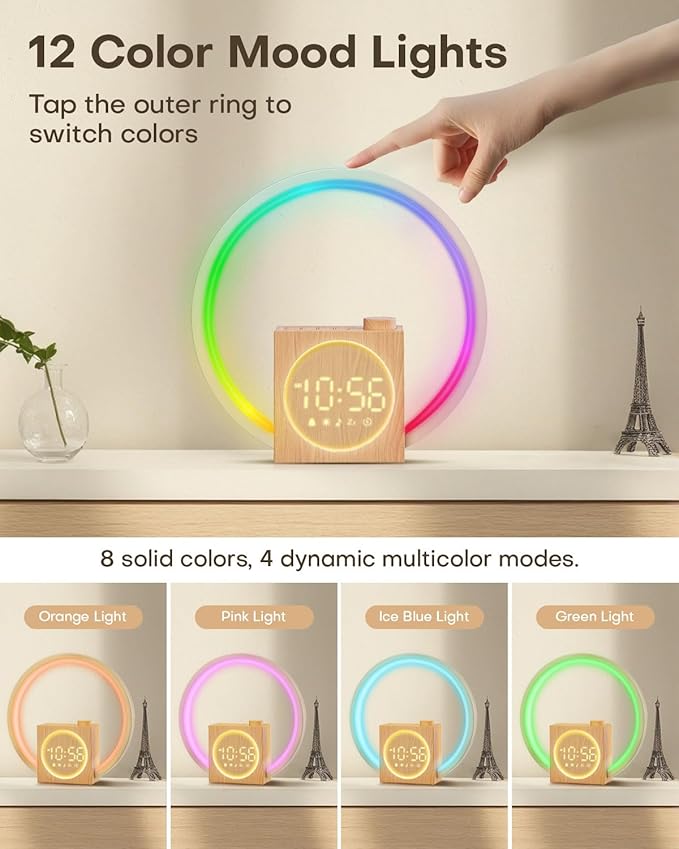 Sunrise Alarm Clock, White Noise Sound Machine, Alarm Clocks for Bedrooms with 12 Color Ambient Nightlight, White Noise Machine with 30 Soothing Sounds, Gifts for Adults, Kids, Couples and Friends