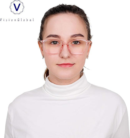 VisionGlobal Blue Light Blocking Glasses for Women, Anti Eyestrain, Computer Reading, TV Glasses, Stylish Square Frame, Anti Glare(Clear Pink,+1.50 Magnification)