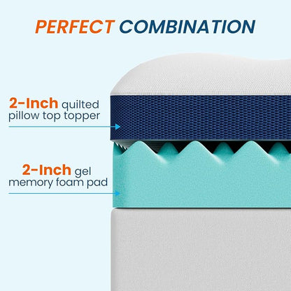4 Inch Dual Layer Memory Foam Mattress Topper - 2 Inch 1000GSM Fluffy Soft Pillow Top Mattress Pad Cover and 2 Inch Cooling Gel Memory Foam for Back Pain Relief, with 8-21" Deep Pocket(Queen,60"x80")