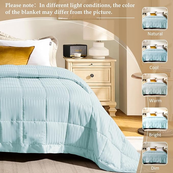 downluxe Queen Size Blanket with Satin Trim, Lightweight Down Alternative Blankets Queen Size for All Season, Machine Washable (Cool Blue, 90x90 Inch)