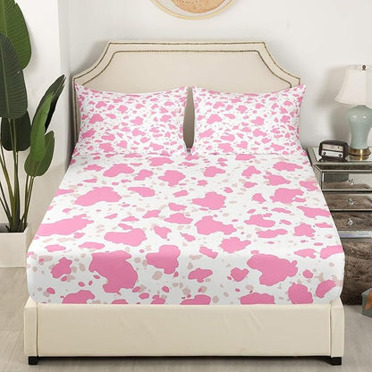Pink Cowhide Fitted Sheet Twin Size,Rustic Farmhouse Animal Fur Pattern Bed Sheet with 1 Pillowcase,Western Cowgirl Cow Fur Print Soft Decorative Fabric Bedding,Room Gift