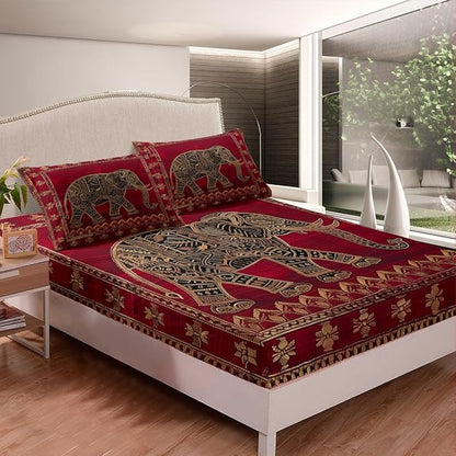 Manfei Indian Elephant Kids Sheet Twin Size,Native American Indian Exotic Bedding Set,Boys Girls Room Decor,Psychedelic Bohemia Retro Red Trippy Boho Bed Sheet Set 3pcs(Fitted + Flat + 1 Pillowcase)