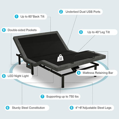 Vipbear Queen Adjustable Bed Base - Dual Motor Bed Frame with Wireless Remote, Zero Gravity/Anti-Snore/TV Mode, Under-Bed LED Light & 4 USB Ports, 3-Height Adjustable Legs
