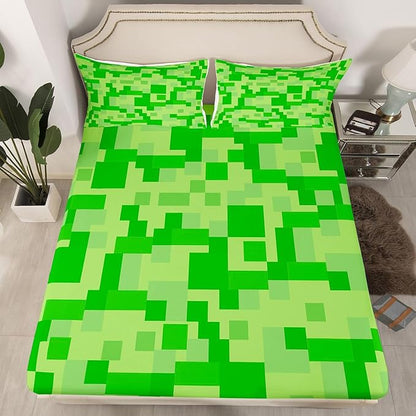 Pixelated Blocks Kids Full Size Fitted Sheet,Video Games Abstract Gamepad Boys Girls Bed Sheets,Geometric Grid Patchwork Room Decor,Light Green Bedding Set,2 Pillowcases(No Flat)