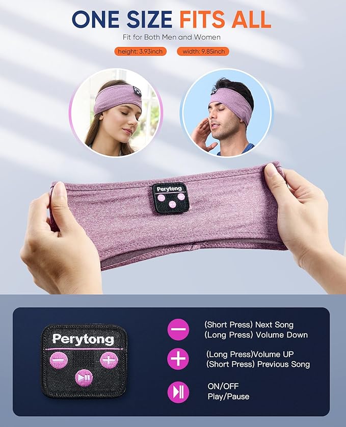 Perytong 2-Pack Sleeping Headphones Bluetooth Headband, Wireless Headband Headphones with Ultra-Thin Speakers, Comfortable for Side Sleepers, Running, Adults, Unisex, One Size