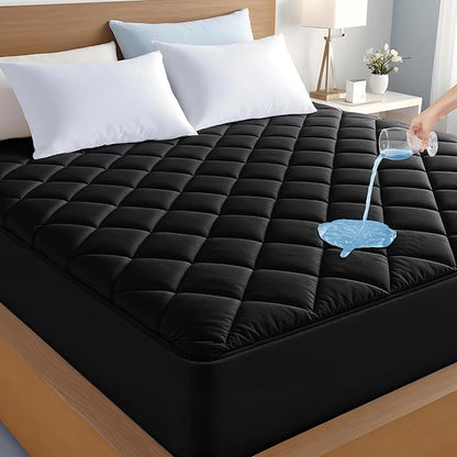 LUX Décor California King Mattress Pad - Quilted Elastic Fitted Mattress Cover Protector Upto 16 Inches Deep Pocket - Soft Breathable Noiseless Mattress Topper (Black “72 X 84”)