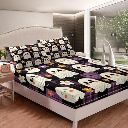 Halloween Ghosts Cute Fitted Sheet,Cartoon Ghost Groovy Daisy Flowers Graffiti Soft Decorative Fabric Bedding Black Purple Plaids Patchwork Pocket Twin Size with 1 Pillowcase