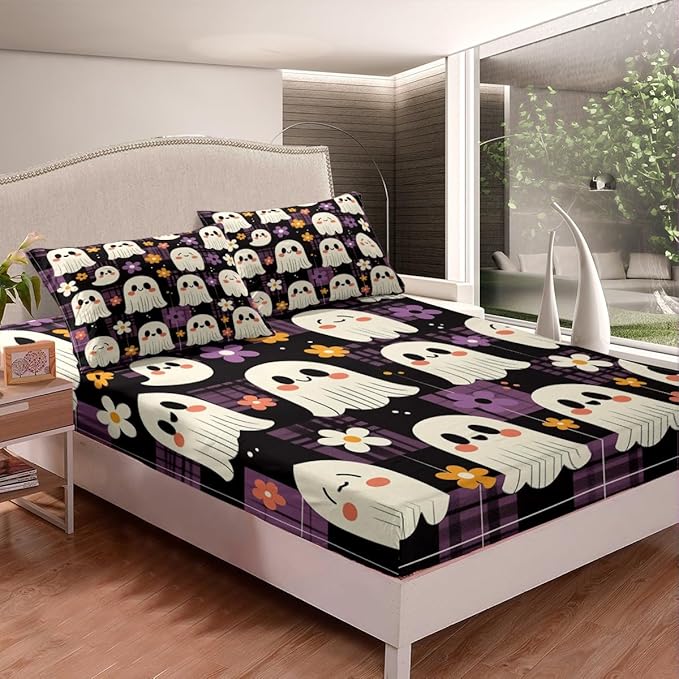 Halloween Ghosts Cute Full Size Fitted Sheet,Cartoon Ghost Groovy Daisy Flowers Graffiti 3 Pieces Kids Teenager Room Decor Black Purple Plaids Patchwork Pocket 2 Pillowcases