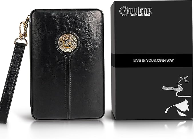 Portable Cigar Humidor Travel Case, Leather & Wood Cigar Box with Humidifier for 6 Cigars, Ideal for Travel and Desktop Storage, Compact and Durable Design (black)