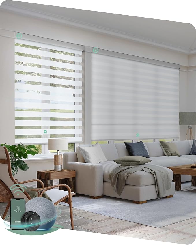 Yoolax Motorized Blinds with Remote, Electric Zebra Blinds for Indoor Windows, Room Darkening Smart Shades with Voice Control, Compatible with Alexa Google Home, APP Control, 35" W x 72" H, White