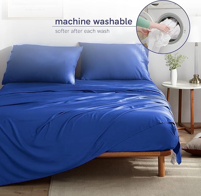 YnM Cooling Bed Sheet Set with 100 Percent Rayon Derived from Bamboo, 400TC Fabric with 1 Pillowcase and Flat Sheet, Deep Pocket Fit 19'', Silky-Soft & Sweat Wicking, 3 Piece (Twin, Dark Blue)