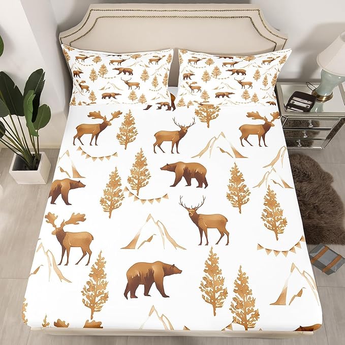 Deer Bear Kids Fitted Sheet Full Size,Pine Trees Animals Hunting Adventure Camper Bedding Set,Boys Girls Room Decor,Mountain Rustic Farmhouse Bed Cover,Brown Retro Bed Sheet,2 Pillowcases