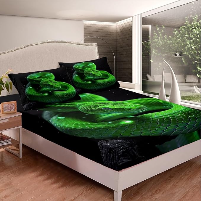 Manfei 3D Snake Kids Sheet Twin Size,Exotic Reptile Animal Bedding Set,Boys Men Room Decor,Green Snake Jungle Wildlife Rustic Nature Green Black Bed Sheet Set 3pcs(Fitted + Flat + 1 Pillowcase)