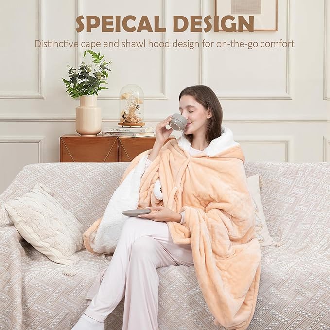Wearable Heated Blanket, 40"x70" Eletric Throw with 6 Heating Levels and 12 Hours Timer, Heated Wrap Poncho Shawl & Hoodies with Pockets, Machine Washable with ETL Certification, Beige