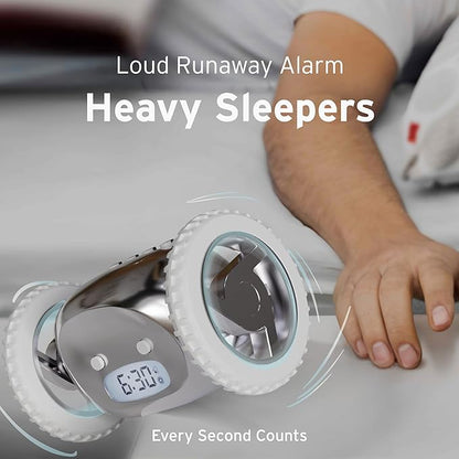 CLOCKY Extra Super Loud Alarm Clock for Heavy Sleepers Adults Kids Teens Bedroom, Move Jump Roll Run Away Easy to Set Smart Digital Mirror Alarm Clock on Wheels -Funny Gag Gift (Chrome)