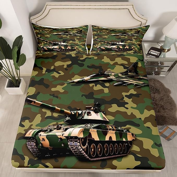Manfei Aircraft Sheet Set Queen Size, Army Camo Tank Airplane Bed Sheet Set 4pcs with Deep Pocket Fitted Sheet + Flat Sheet + 2 Pillowcases, Green Camouflage Bedding Set for Kids Boys Teens Room Decor