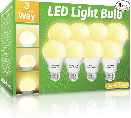 3 Way LED Light Bulbs 8 Pack, 3 Way Light Bulbs 30 70 100 Soft White 3000K,E26 Medium Base A19 Three Way Light Bulb, Indoor 3way Bulb for Reading