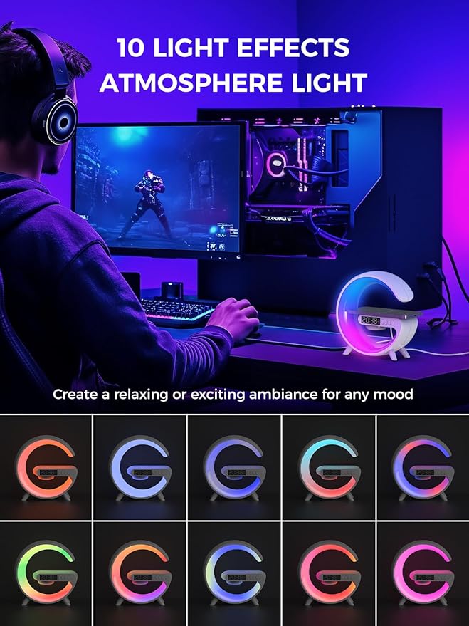 Smiling Shark Wake Up Light, Atmosphere Desk Light with 15W Wireless Charger & Bluetooth Speaker Button Control 10 Lights Mode Sunrise Simulation Alarm Clock Smart Light for Home Decor Bedroom
