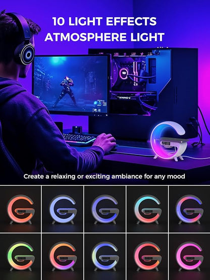 Smiling Shark Wake Up Light, Atmosphere Desk Light with 15W Wireless Charger & Bluetooth Speaker Button Control 10 Lights Mode Sunrise Simulation Alarm Clock Smart Light for Home Decor Bedroom