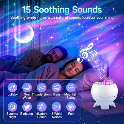 Sound Machine White Noise Machine for Sleeping, 15 Soothing Sounds & Bluetooth Speaker Aurora Light Projector, 15Colors White Noise Sound Machine for Sleep Therapy for Adults & Kids with Remote+Timer