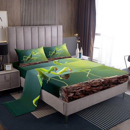 Manfei Mantis Kids Sheet Set King Size, Natural Wildlife Bedding Set for Boys Teens Adults Room Decor, Malaysia Green Praying Mantis Bed Sheet Set 4pcs (Fitted Sheet, Flat Sheet, 2 Pillowcases)