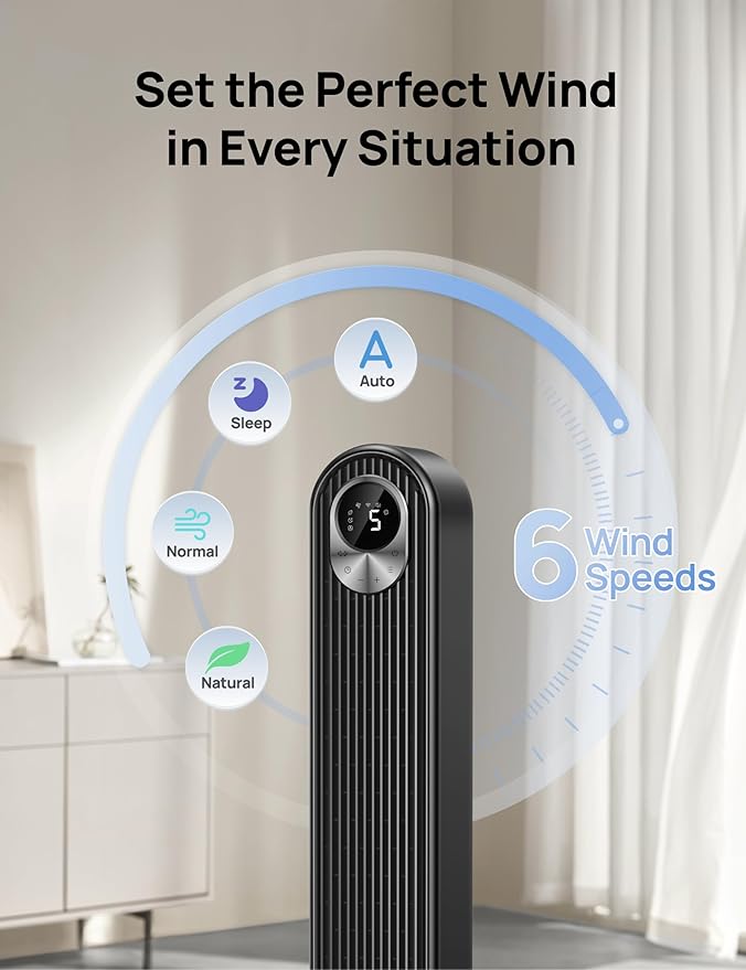 Dreo Smart Tower Fan WiFi Voice Control, Works with Alexa/Google,Floor Standing Bladeless Oscillating Fan with Remote, 6 Speeds, 4 Modes, 12H Timer, for Indoor Bedroom Home Office