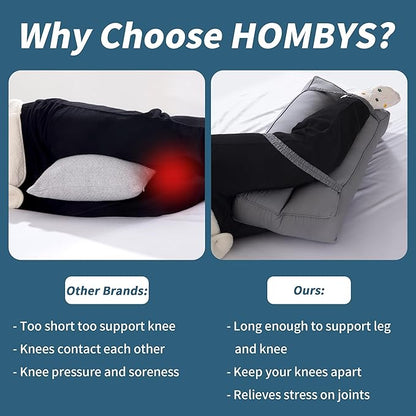 HOMBYS Knee Pillow for Side Sleepers with Elastic Straps, 4" Height Cotton Cover Leg Pillow for Aligns Spine & Relieves Pressure Hip & Leg Elevation, Supportive Pillow for Lower Back, Grey