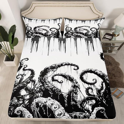 Octopus Kids Fitted Sheet Queen Size,Marine Life Ocean Animals Trippy Bedding Set,Boys Girls Room Decor,Hand-Painted Geometric Abstract Bed Cover,Black White Retro Bed Sheet,2 Pillowcases